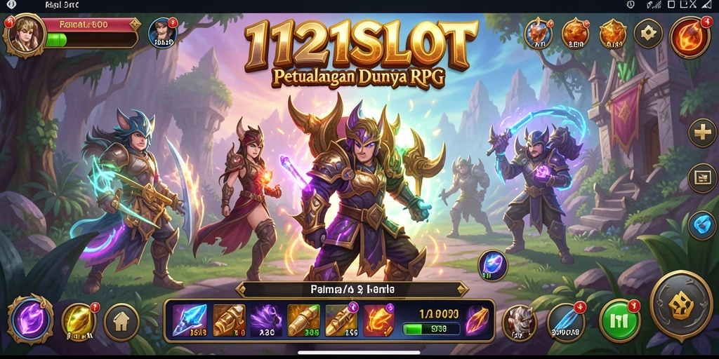 Tangkapan layar gameplay 1121SLOT dengan karakter petualang di dunia RPG.
