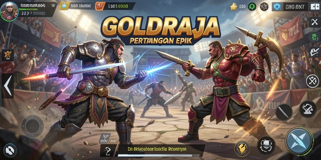 Tangkapan layar gameplay GOLDRAJA dengan aksi seru di arena Battle Royale.