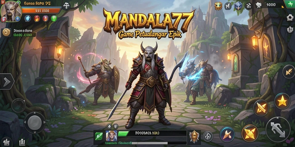 Tampilan gameplay MANDALA77 dengan pertarungan seru dan karakter menakjubkan.
