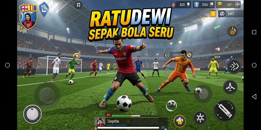 Tampilan gameplay seru dalam RATUDEWI dengan aksi sepak bola yang mendebarkan.